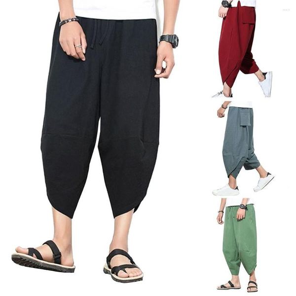 Herrenhose, einfarbig, Capri, Kordelzug, Übergröße, Samurai-Hose, verkürzter Schnitt