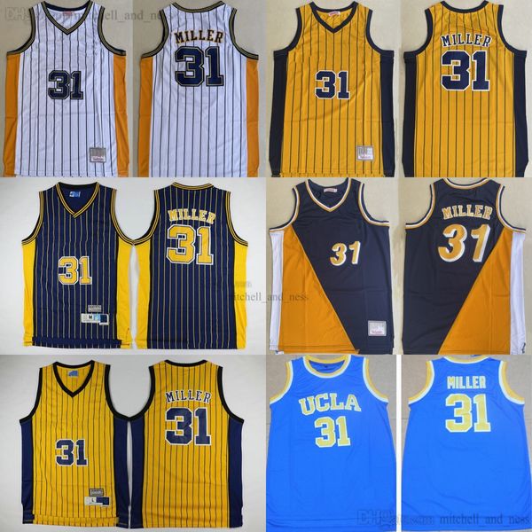 Классический ретро 1990-91 годов Vintage Reggie Basketball 31 Miller Джерси сшитые классические ретро-полоски Темно-синий Желтый Белый Трикотажные изделия Дышащие рубашки