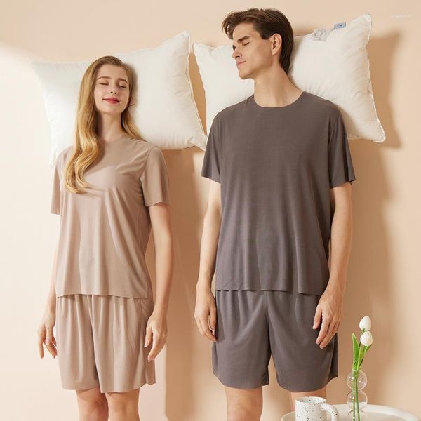 Roupa de Dormir Feminina Casal Pijama Manga Curta Decote Redondo Terno de Duas Peças Verão Fino Simplicidade Pijama Homem Solto Casual Feminino