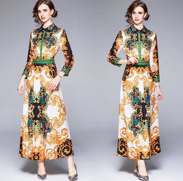 Vestidos casuais básicos 2023 mulheres retrô floral camisa designer de luxo manga longa resort festa impressão fina maxi primavera outono escritório senhora café passarela moda a linha vestido