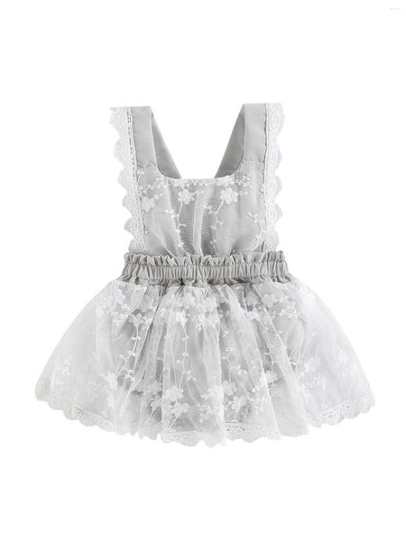 Abiti da ragazza Abito in pagliaccetto di pizzo per bambini Abito senza maniche con ricamo floreale Tutu vestito da principessa con fiocco