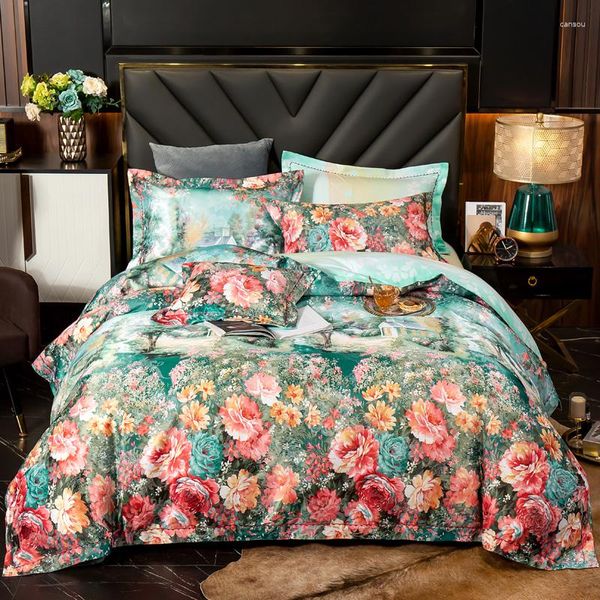 Conjuntos de Lençóis Luxuosos Estampas Florais Jacquard Conjunto de Algodão Capa de Edredom Roupa de Cama Lençol com elástico Fronhas Têxteis Domésticos