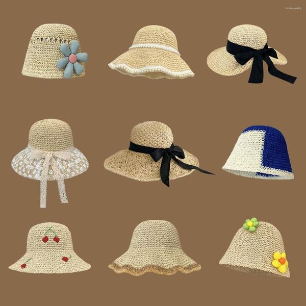 Шляпа шляпы с широкими краями корейская соломенная шляпа ручной работы для женщин Японский маленький свежий солнечный солнечный кшад и летние выходы Солнцезащитный крем