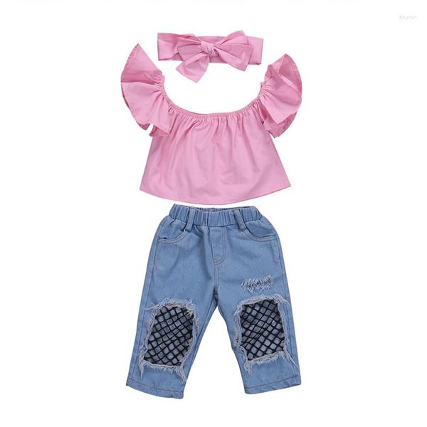 Completi di abbigliamento Pudcoco US Stock 3Pcs Baby Kids Girls Clothes Off Top con spalle scoperte T-shirt Pantaloni di jeans Jeans con foro Set di abiti