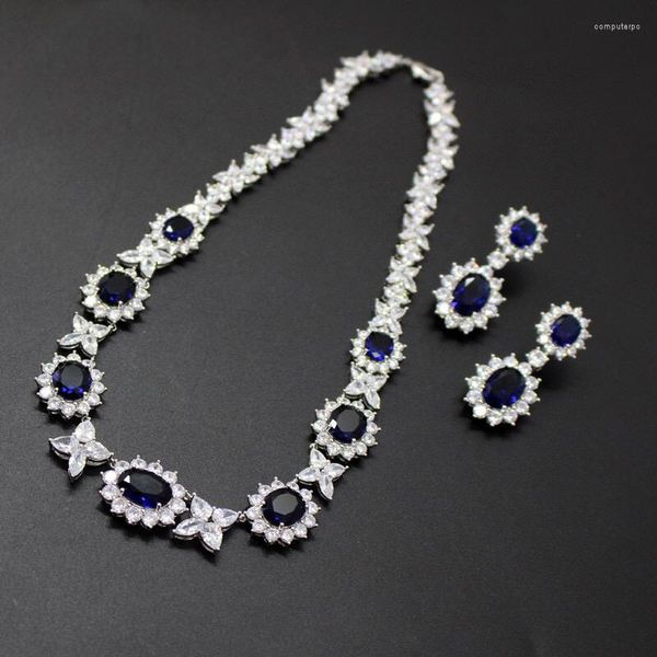 Halskette Ohrringe Set Europa Amerika Mode High-End-Frauen Dame Inlay Blau Kubikzircon Anhänger 925 Silber Nadel