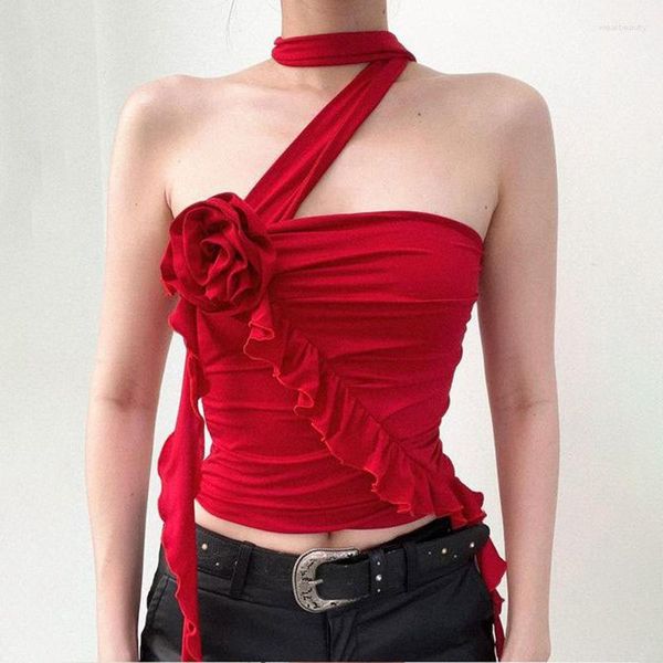 Canotte da donna 2023 Moda di nicchia Design floreale tridimensionale con colletto irregolare a una linea Cinturino al collo Puro desiderio e reggiseno sottile