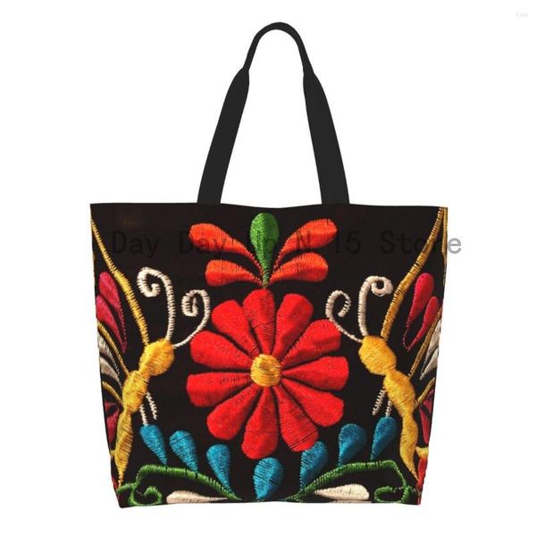 Einkaufstaschen, lustige mexikanische Schmetterlinge und Blumenmuster, Einkaufstasche, wiederverwendbar, Otomi-Stickerei, Kunst, Lebensmittelgeschäft, Leinen, Shopper, Schultertasche