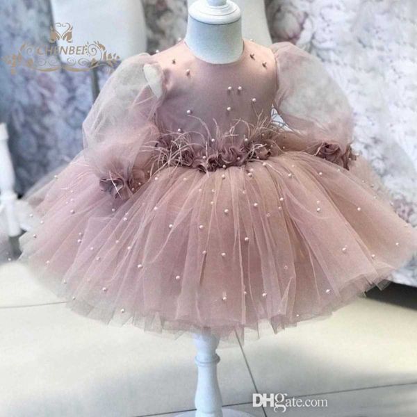 Vestito da ragazza Vestiti per bambini per bambini Compleanno Matrimonio Maglia Gonna in chiffon Manica lunga Soffice Vestito da festa con perline per la primavera e l'autunno