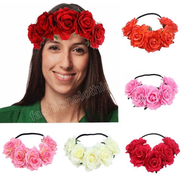 Bohemia Floral Headband Grande Flor Rosa Vermelha Acessórios para Cabeça de Cabelo Mulheres Meninas Damas de Honra Coroa de flores Enfeites de Cabelo para Festa Floral Praia