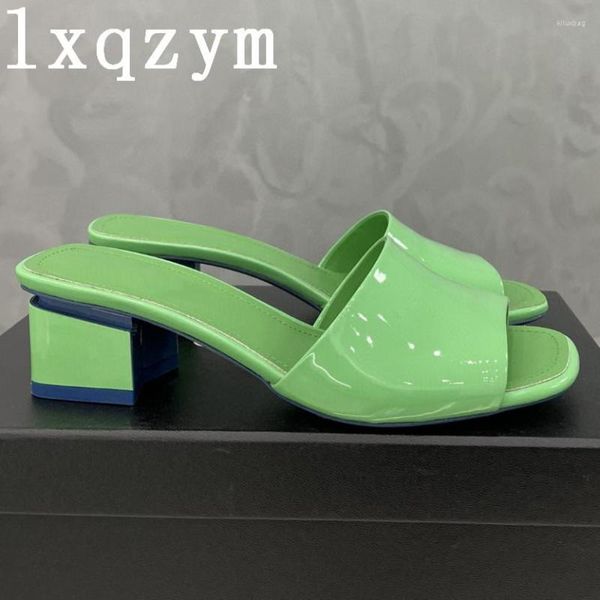 Chinelos Moda Verde Jelly Mulheres Sexy Peep Toe Sandálias Saltos Quadrados Sapatos De Couro Genuíno Zapatos Mujer Feitos à Mão