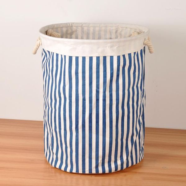 Cestini portaoggetti Cotone Lino Zakka Giocattolo Cesto portabiancheria Grande capacità Blu Arancione Striscia nera Zigzag Con manico Cestino pieghevole 40x50cm