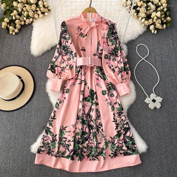 Abiti casual Abito elegante retrò con stampa floreale elegante con cintura Vestidos a farfalla a trapezio Abito da donna a maniche lunghe primavera autunno