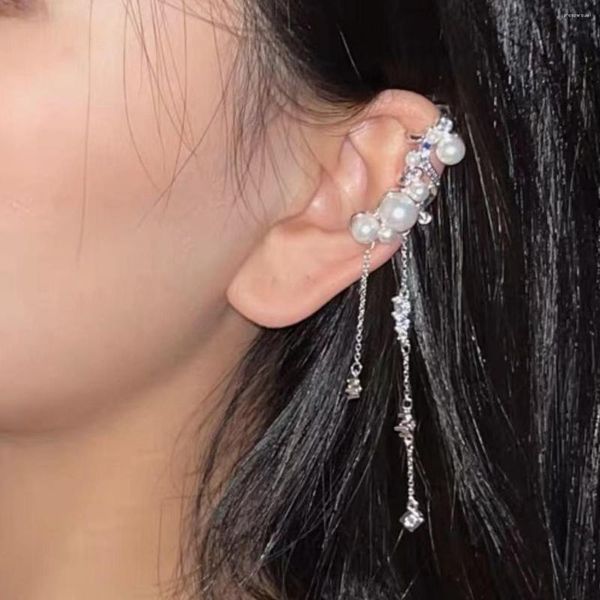 Brincos traseiros moda longa borla simulada pérola zircão clipe de orelha sem piercing brinco para mulheres jóias de punho feminino