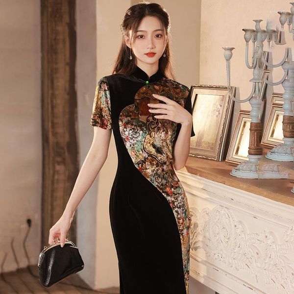 Ethnische Kleidung Samt Lange Split Qipao Frauen Kurzarm Cheongsam Chinesisches Kleid Retro Slim Fit Gedruckt Große Größe 4XL Stehkragen kleid