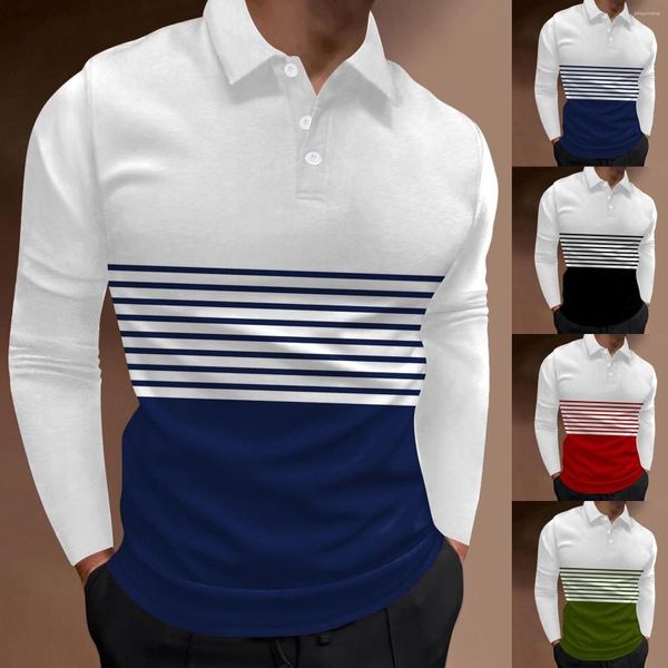 Camisas e blusas casuais masculinas Roupas Quatro Estações Lazer Moda Costura Cor Contraste Design Lapela Botão Top Manga Comprida