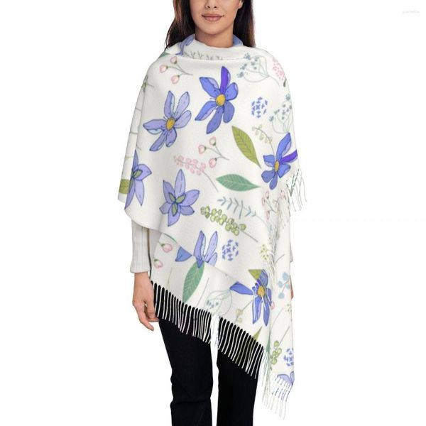 Cachecóis Sem Costura Azul Prímula Textura Sem Fim Floral Feminino Pashmina Xale Envoltório Cachecol Franja Longo Grande