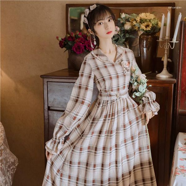 Vestidos Casuais Manga Comprida Primavera Outono Retro Vestido Boho Xadrez Padrão Floral Dama de Honra Mulher Estilo Coreano Básico Vintage Midi Feminino