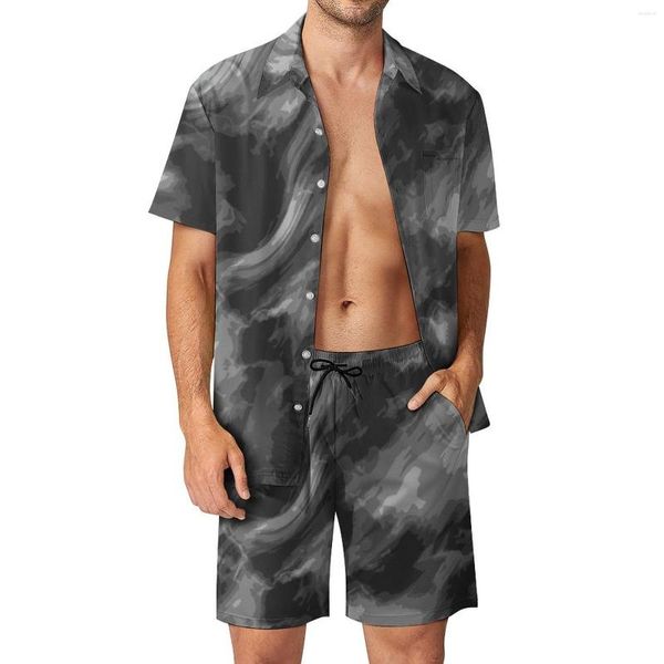 Tute da uomo Tie Dye Set da uomo Acquerello Nero Grigio Camicia casual Set Pantaloncini da vacanza cool Tuta grafica estiva Abbigliamento in due pezzi Plus