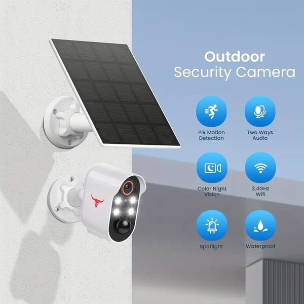 Câmera de segurança solar sem fio para casa - vídeo HD 1080P, detecção de movimento, visão noturna colorida, conversa bidirecional, bateria recarregável, Wi-Fi, à prova d'água, armazenamento em nuvem incluído