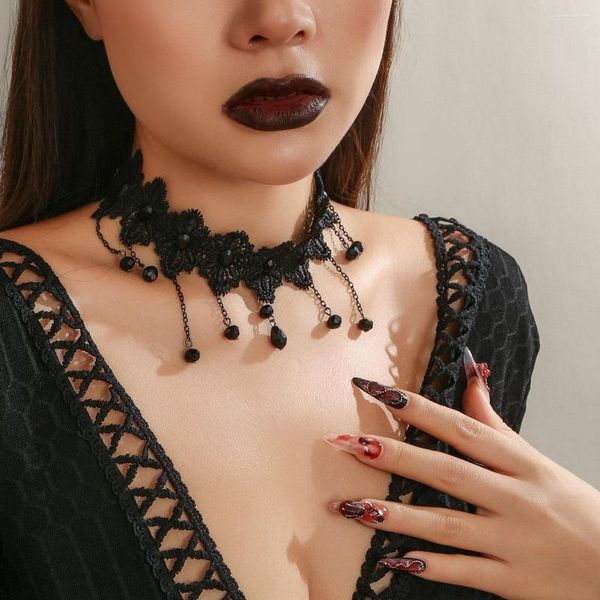 Gerdanlık gotik koyu siyah dantel kadın su damla püskül kolye kolye seksi içi boş klavikula zinciri cadılar bayramı mücevher