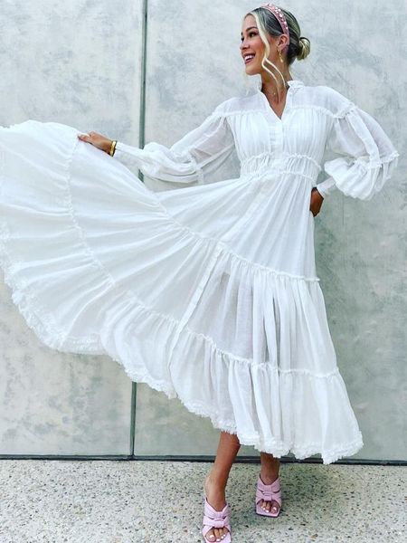 Casual Kleider 2023 Sommer Laterne Hülse Weiß Plissee Elegante Rundhals Frühling Lange Reißverschluss Einreiher A-linie Vestidos