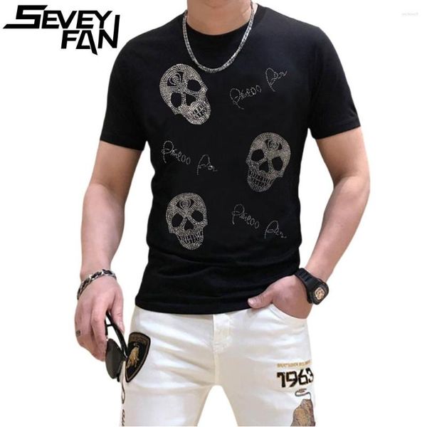 Camiseta masculina SEVEYFAN Tee Hip Hop Rhinestone Skull Letters Printing Drill Tees Men Dimond Track T-shirt Para Masculino Feminino
