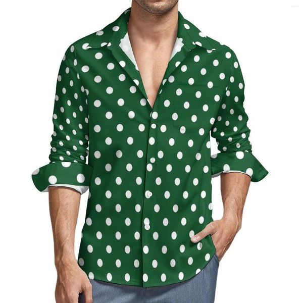 Camisas casuais masculinas Camisa de bolinhas verde Outono Estampa vintage Blusas soltas masculinas de manga comprida Gráfico Street Top 3XL 4XL