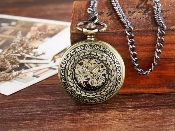 Taschenuhren Vintage Retro Antike Steampunk Uhr Römische Ziffern Automatische Mechanische Männer Mit FOB Kette Geschenk Reloj Hombre