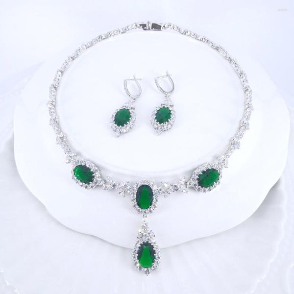 Colar Conjunto de Brincos 2023 Moda Verde Azul Gota de Água CZ Brinco de Zircônia Casamento Noiva Banquete Vestido de Festa Jóias