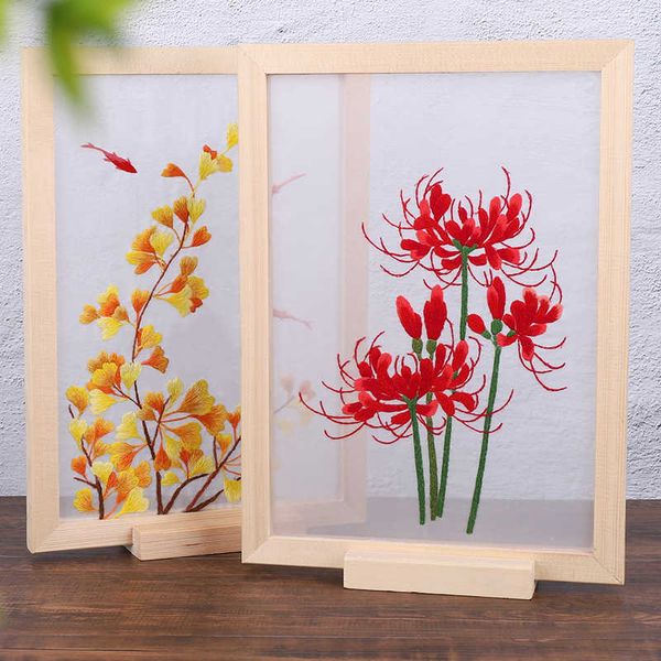 Prodotti in stile cinese Fiore cinese Ricamo fai da te artigianale con cornice in legno Doppio punto croce Set di tessuti Ricamo Cucito Regalo d'arte