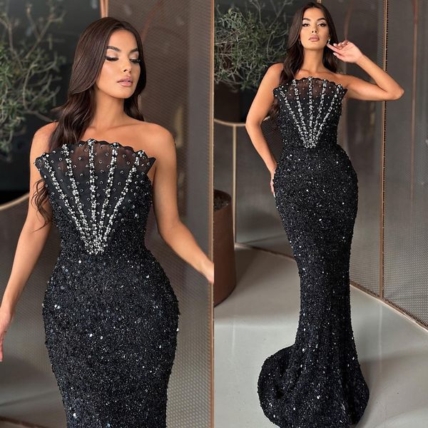 Mermaid elegant schwarze Abend Pailletten Perlen gefächertes Hals formelles Party Abschlusskleid rote Teppich lange Kleider für besondere OCN ES