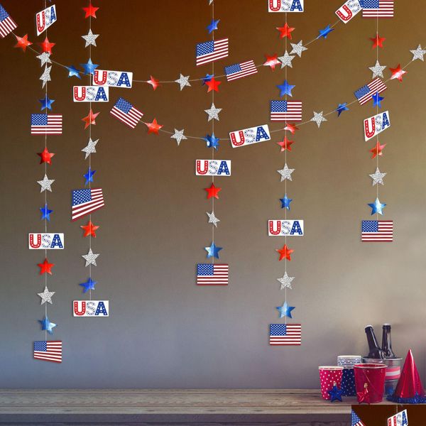 Banner-Flaggen, 4. JY, Rot, Weiß, Blau, USA, Mottoparty, Papierstern, Luftschlangen, patriotische Glitzergirlande, Schnurkette, hängende Dekoration Dhqqm