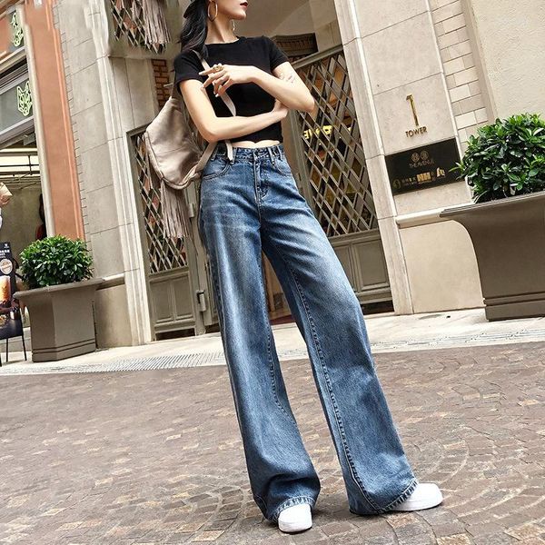 Calça jeans feminina de perna larga feminina 2023 cintura alta perna reta calça de esfregar tamanho grande solta street cueca moda jeans