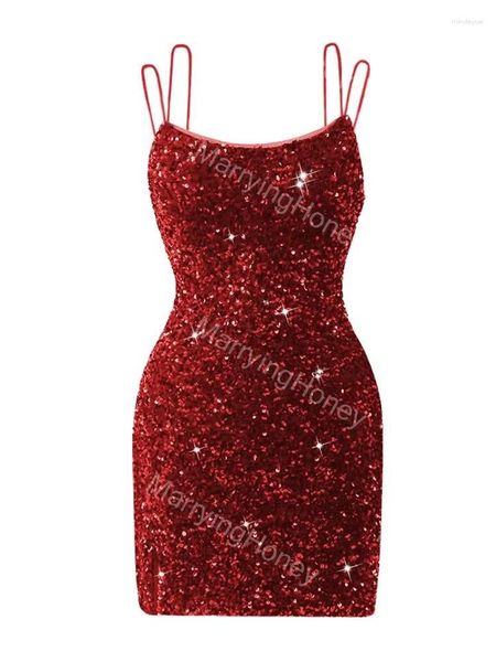 Partykleider, Spaghettiträger, glitzernde Pailletten, Heimkehr für Teenager, kurzes, rückenfreies Meerjungfrau-Abschlussball-Damen-Mini-Cocktailkleid