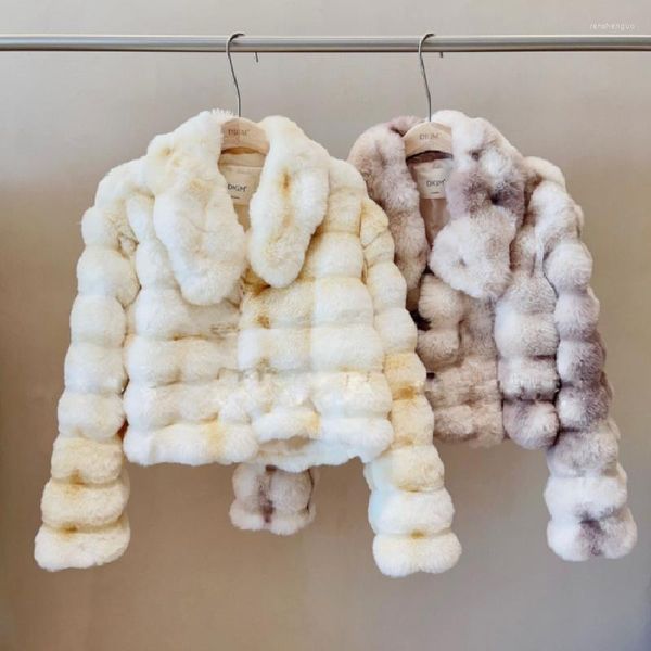 Frauen Pelz Mode Kurze Farbverlauf Faux Mantel Frauen Revers Jacke Winter Senior Gefühl Kuh Horn Knopf Plüsch Kleidung