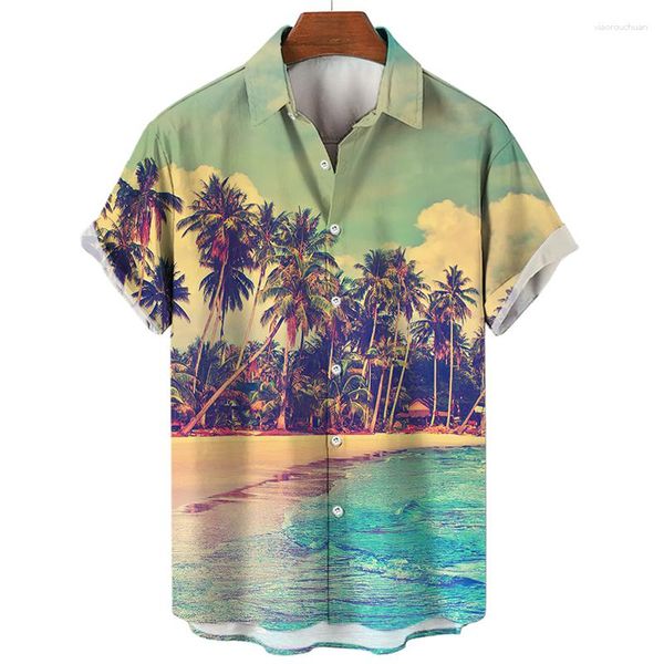 Herren-Freizeithemden, Hawaii-Hemd, Strand-Kokosnussbaum-Druck, für Herren, Lopel-Ausschnitt, Knopf, kurzärmelig, Top, modische männliche Kleidung, Blusen-Tops