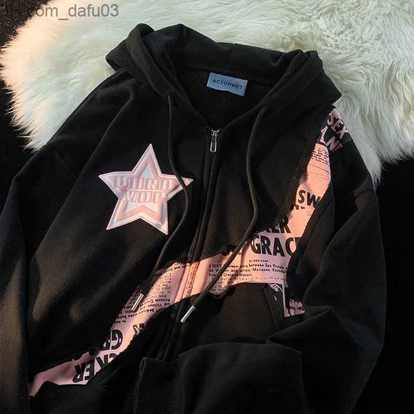 Erkek Hoodies Sweatshirts y2k Harajuku Street Yıldız Mektup Baskı Dikişli Hırka Kadın Moda Markası Tatlı Serin Kolej Tarzı Gevşek Gündelik Hoodie Z230803