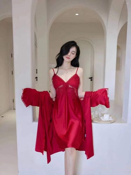 Kadın pijama 2023 Yaz Katı Buz-Silk Hook Çiçek Hollow Robe V-Neck Seksi Dantelli Sling Elbise Gece Kadınlar İçin Giyiyor İki Parça