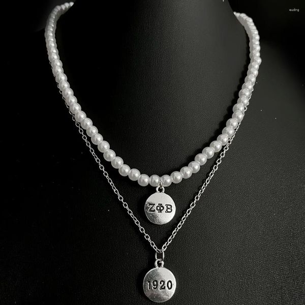 Catene Moda Lettera greca Sorority Collana di gioielli ZETA PHI BETA 1920 Ciondolo in metallo Catena di perle Doppio girocollo