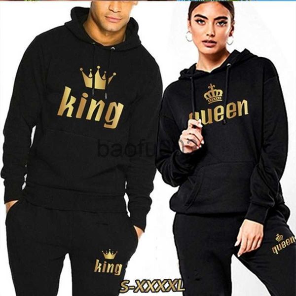 Tute da uomo 2023 Fashion Couple Felpa KING QUEEN Stampato Amante Tute con cappuccio Felpa con cappuccio e pantaloni della tuta 2 pezzi Set Streetwear Uomo Donna Panni J230803