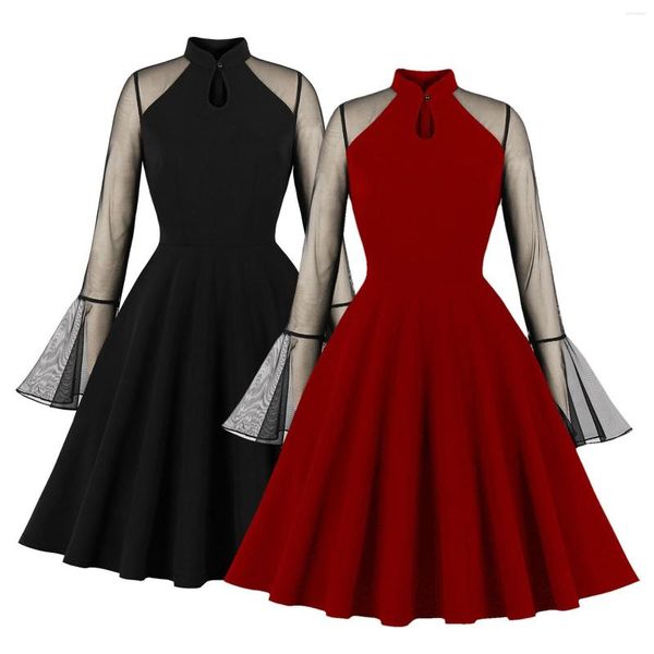 Partykleider Damen Kleid Mesh Schwarz Flare Langarm Valentinstag Sommerkleid Schmetterling Retro 60er Jahre Gothic Kostüm Midi Swing