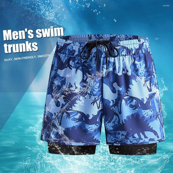 Roupa de banho masculina moda masculina calção de banho dividido dupla camada cueca boxer secagem rápida calção de banho elástico cintura amarrado praia