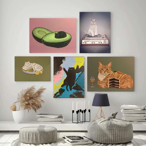 Cartoon süße Katze moderne Leinwand Malerei lustige Tier Katzen Poster und Drucke Wandbilder für Wohnzimmer Badezimmer Home Dekoration w06