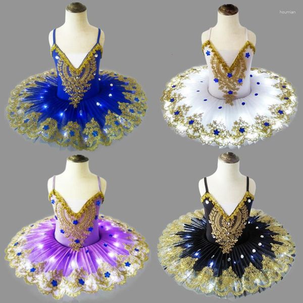 Desgaste do palco LED Light Girl Ballet Dance Dress Kids Kids Fluffy Fluorescent Swan Lake Skirt Night Club Child Tutu Costume 90