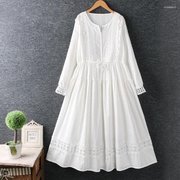 Casual Kleider Sommer Weißes Kleid Aushöhlen Frauen Spitze Lange Rock Rundhals Stickerei Midi Vestidos Strand Dicke Elegante Weibliche boho