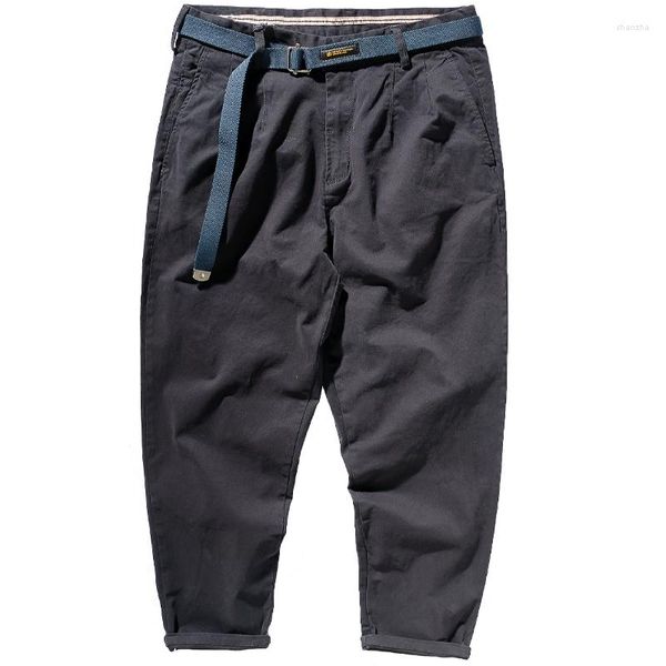 Calça masculina K2171# 2023 Japonês Retrô Solto Lápis Casual Lavado Velho Caqui Elástico Tecido Cortado Cônico