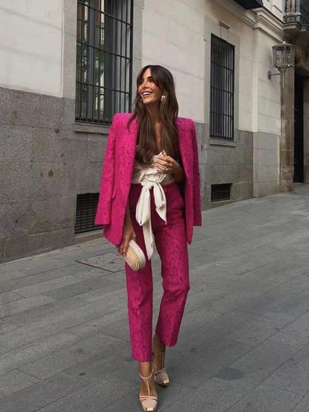 Calças femininas de duas peças ZACK RAIN terno feminino de renda rosa 2023 outono/inverno blazer feminino retrô conjunto de calças de escritório elegante solto