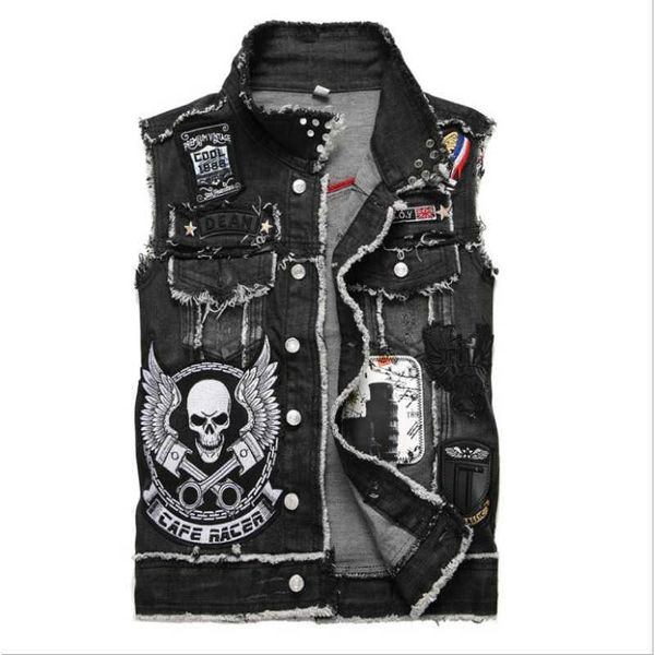 Herrenweste 2023 Sommer heißer Verkauf Punk-Trend Jeansweste Schwarzer Totenkopf bestickte Jeansweste Slim Fit stilvolle Jeans ärmellose Jacke Herrenweste Asiatische Größe