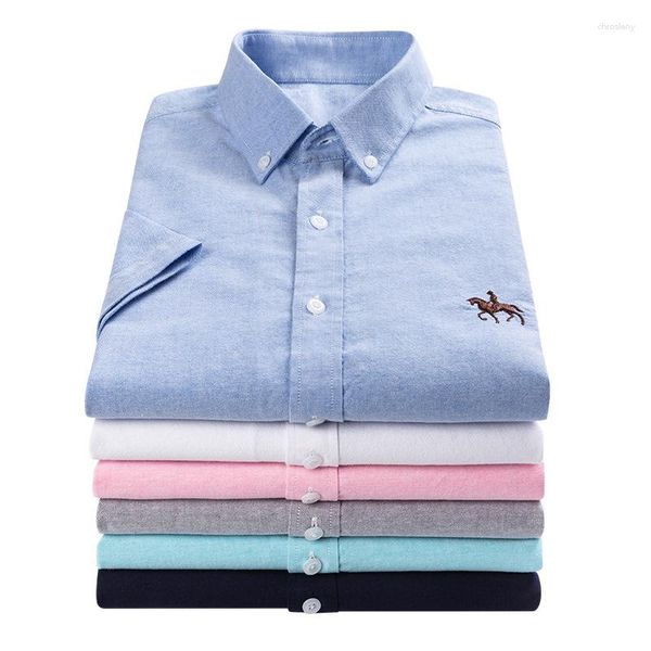 Camisas casuais masculinas de verão, algodão, Oxford, manga curta, branca, listrada, masculina, blusas de ajuste regular, negócios com botões