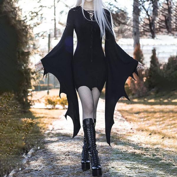 Casual Dresses Halloween-Kleid Lange Fledermausärmel Unregelmäßige Manschette Schnürhülle Spooky Slim Fit Party Cosplay Kostüm